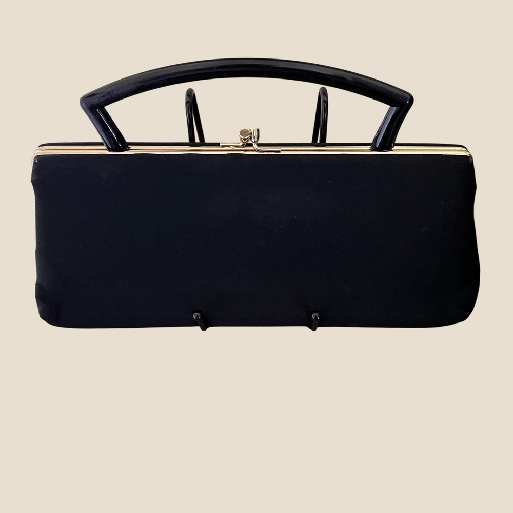 Vintageβ HL Black Structured Top Handle Handbag Gold Frame Kiss Lock Evening Bag